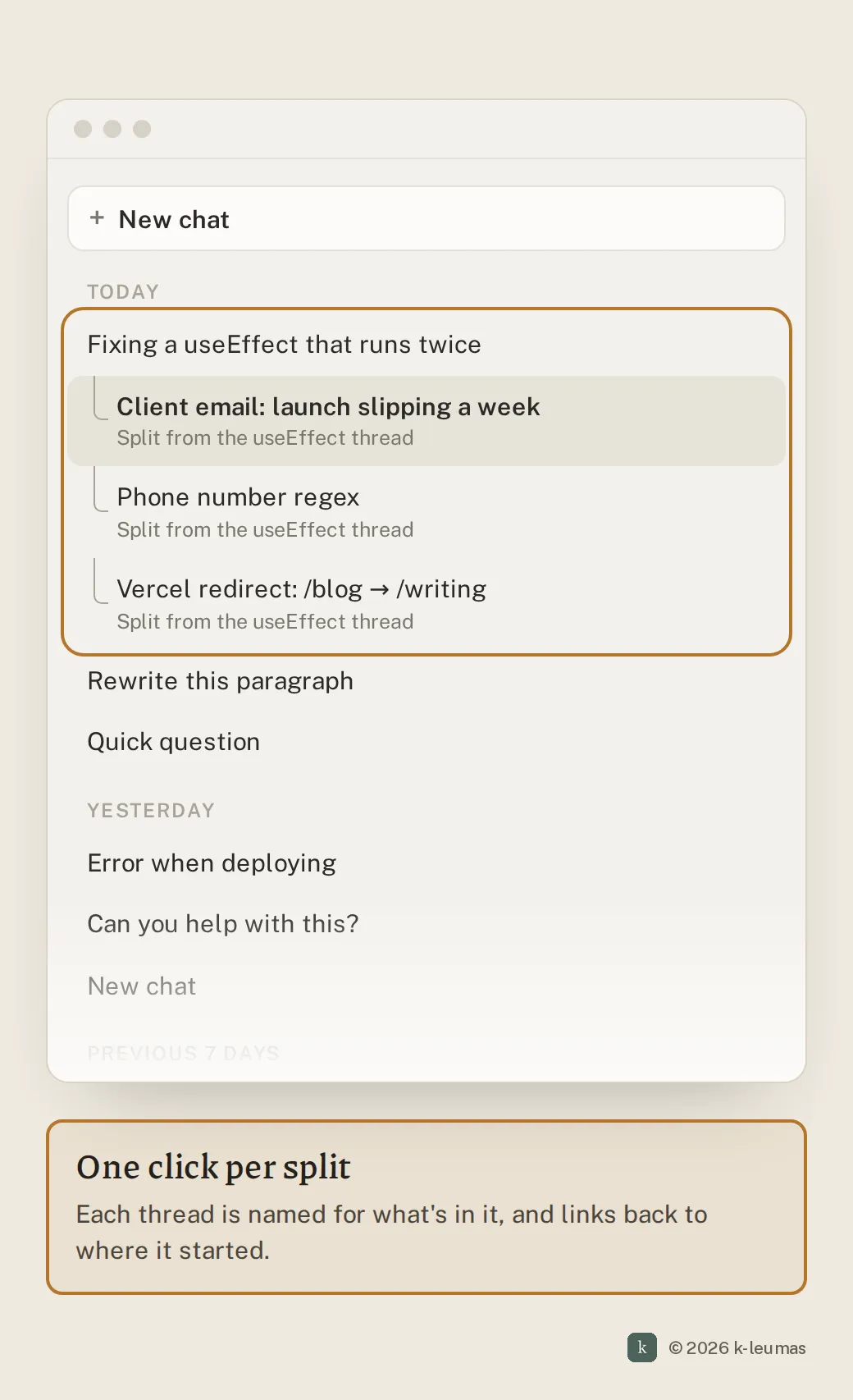 Sidebar after: the useEffect thread with three split-off threads under it, titled 'Client email: launch slipping a week', 'Phone number regex' and 'Vercel redirect', each linked back to it