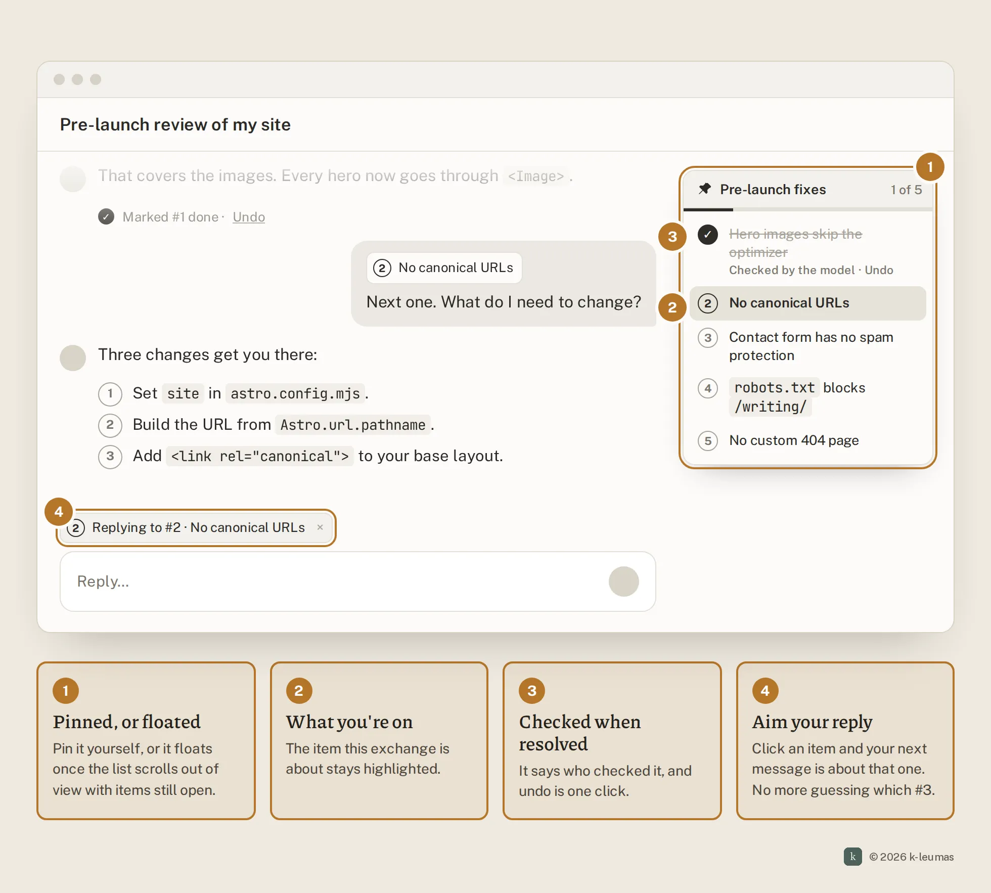 The same chat with a floating 'Pre-launch fixes' panel on the right, showing 1 of 5 done. Item 1 is checked off by the model with an undo link, item 2 is highlighted as active, and the composer has a 'Replying to #2' chip. A legend explains pinning, the active item, checking off and aiming a reply.