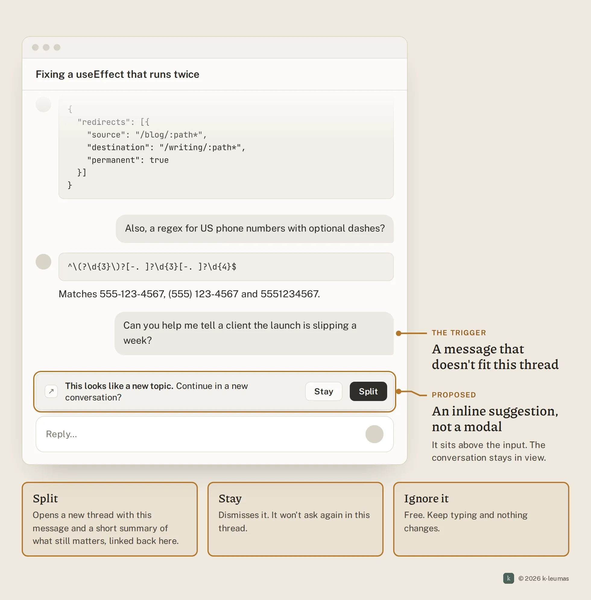A small inline prompt above the input: 'This looks like a new topic. Continue in a new conversation?' with Split and Stay buttons