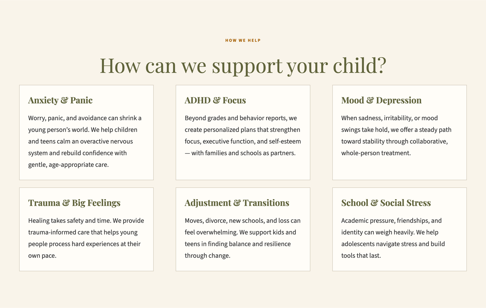The "How can we support your child?" section: six cards for Anxiety & Panic, ADHD & Focus, Mood & Depression, Trauma & Big Feelings, Adjustment & Transitions, and School & Social Stress, each with a short description.