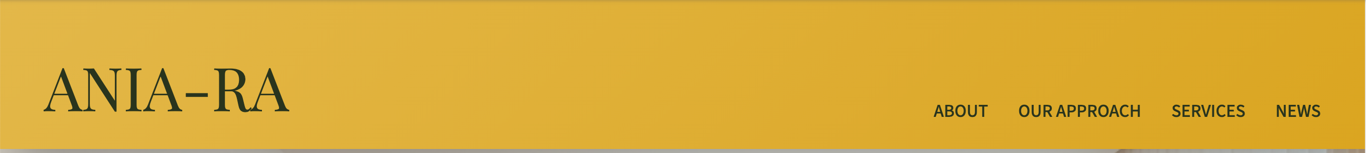 The old header on a medium screen: the Ania-Ra logo on the left, with About, Our Approach, Services and News sitting on a lower line at the right, and no Book Now button in view.