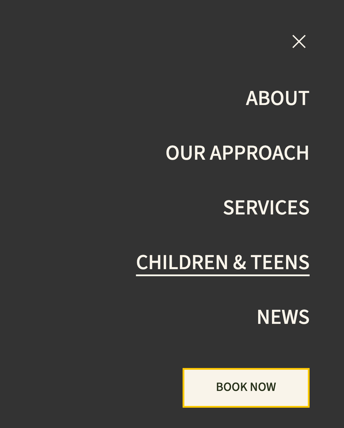 The new mobile menu, open: About, Our Approach, Services, Children & Teens and News, followed by a Book Now button.