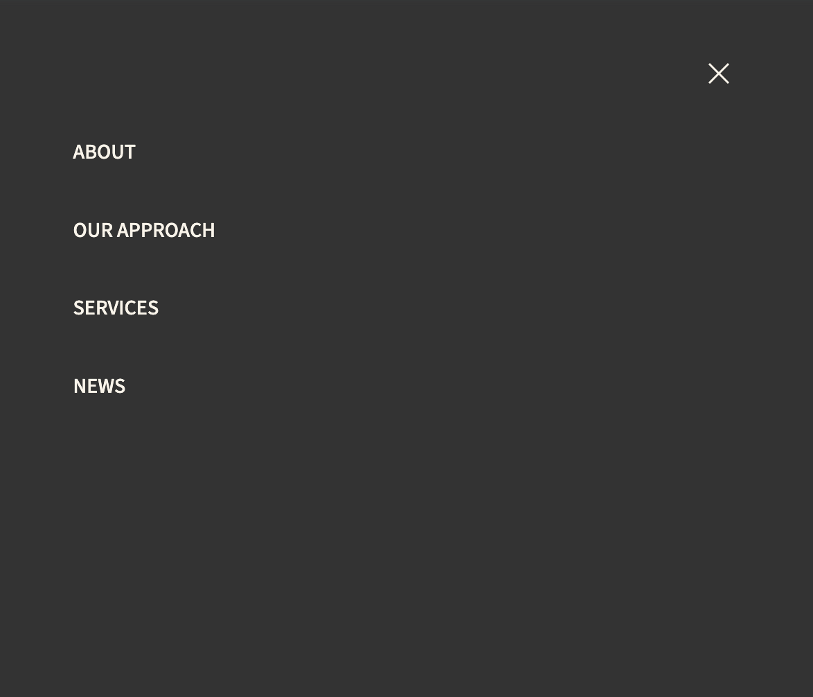 The old mobile menu, open: About, Our Approach, Services and News on a dark background, with no way to book.