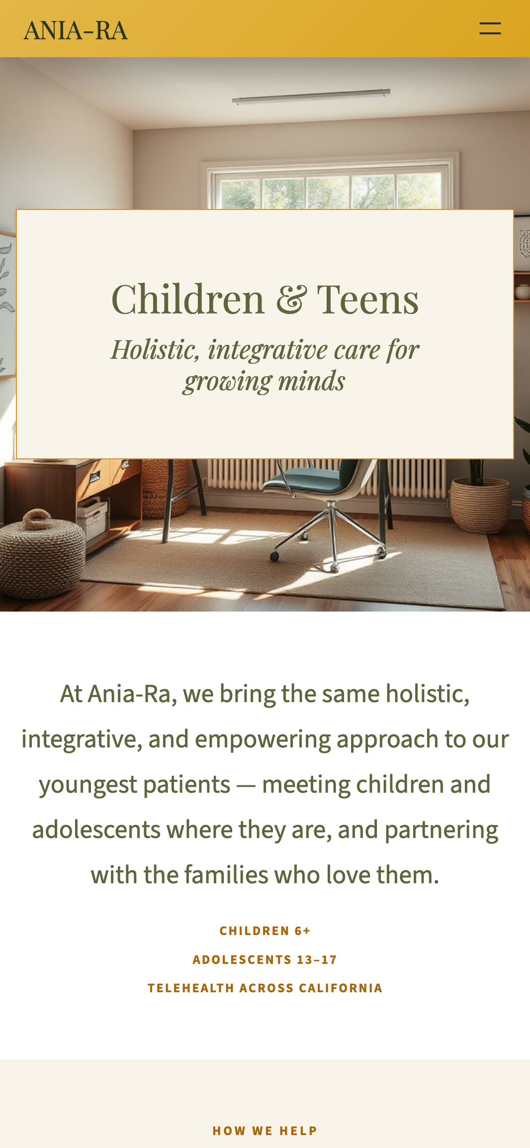 The same page on a phone: the Ania-Ra header, the Children & Teens title card over the room photo, and the intro with the ages served and telehealth coverage.