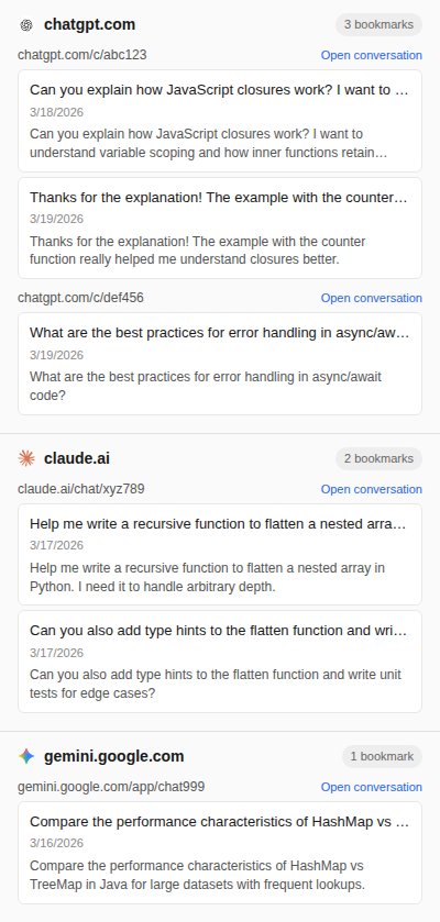 Etch collections view with bookmarks grouped under chatgpt.com, claude.ai and gemini.google.com