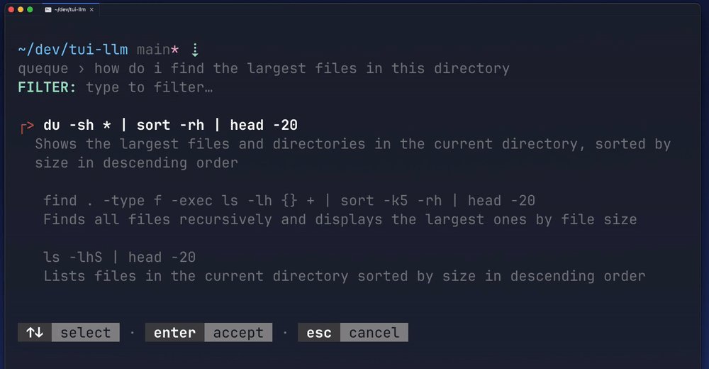 QueQue selection list showing three commands for finding large files, each with an explanation